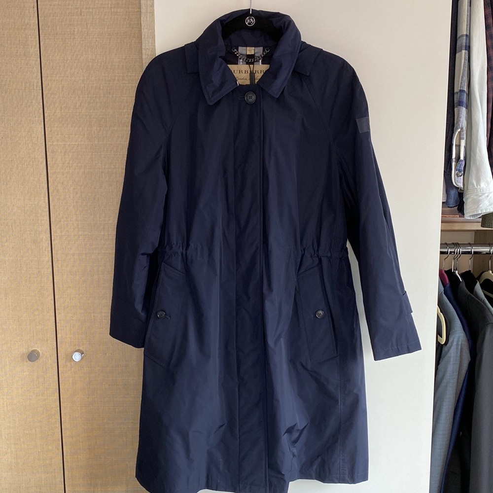 Womens Navy Burberry Tringford Hooded Rain Coat Parka